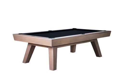 A 3/4 shot of the George Slate Pool Table on a clean white background, showcasing its stunning Glazed Pearl finish and mid-century modern design. This angle emphasizes the table’s sleek lines, elegant flared legs, and tapered rails, capturing the premium craftsmanship and high-end appeal that makes it a standout piece in any game room or home entertainment space.