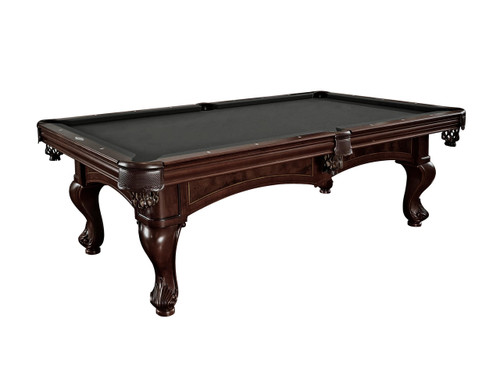 Brunswick Santini Slate Pool Table featuring a rich espresso finish, ornate carved legs, and intricate veneer detailing for sophisticated game rooms.