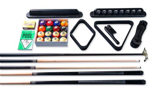 Complete Doc & Holliday Luxury Billiard Accessories Kit including maple cue sticks, A-Grade billiard balls, 9-ball rack, brush, and more, exclusive to Sawyer Twain USA.