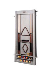 Alta 6-Cue Billiard Wall Rack in White Wash on Ash shown on white background, clean lines with triangle rack displayed.