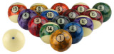 Image showing the full Aramith Camouflage Billiard Ball Set, with 15 object balls and one cue ball featuring a distinctive camouflage pattern, displayed on a clean white background.

