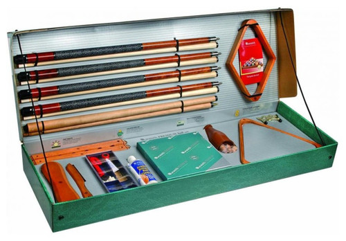Image displaying the Aramith Premium Billiard Accessories Kit, including cue sticks, chalk, cleaning tools, and racks, all neatly arranged on a white background.