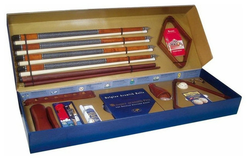 The complete Aramith Pro Cup Pool Table Accessories Kit displayed on a white background, showcasing all included items such as the premium pool cues, Pro-Cup ball set, cue rack, and accessories, emphasizing high-quality craftsmanship.