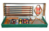 Top of the line pool table balls for your game room and pool table! mage displaying the Aramith Premium Billiard Accessories Kit, including cue sticks, chalk, cleaning tools, and racks, all neatly arranged on a white background.