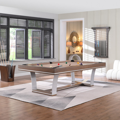 Barcelona slate pool table in natural walnut with brushed steel legs styled in an open-concept game room featuring neutral tones and soft lighting