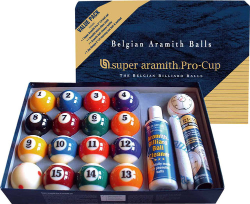 Super Aramith Pro Ball Set Value Pack featuring the complete 2.25" billiard ball set and 8.4 fl oz cleaner. Includes Pro cue ball with red insignia.

