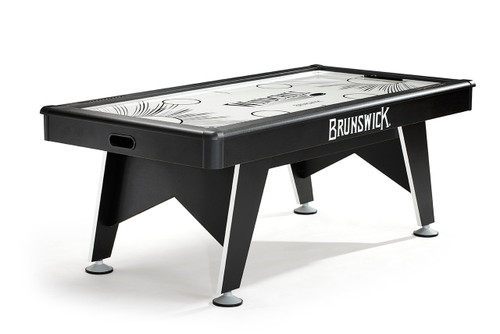 ¾ view of the Brunswick Windchill Air Hockey Table on white background, showing its black pedestal base, white low-friction playfield, and modern profile.