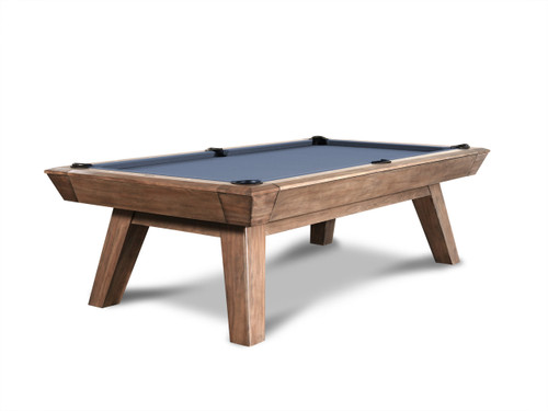 Three-quarter angle view of the Nixon Billiards Desyn Slate Pool Table in Gray Walnut finish, showing its mid-century modern Parsons-style legs, genuine leather drop pockets, and minimalist frame. This hero image highlights the natural wood grain, rich warm tone, and premium craftsmanship — positioned on a clean white background for optimal presentation in luxury game room settings.