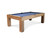 The Paula Parsons pool table by Doc & Holliday in a Glazed Maple finish with Academy Blue felt. A clean, straight-on view showcasing the modern parsons silhouette.