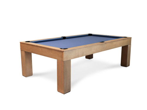 The Paula Parsons pool table by Doc & Holliday in a Glazed Maple finish with Academy Blue felt. A clean, straight-on view showcasing the modern parsons silhouette.