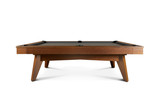 Front view of the Scholar Slate Pool Table by Doc & Holliday, handcrafted in the USA with a sleek mid-century modern design, featured in a solid maple finish with premium slate and genuine leather drop pockets.