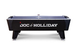 Doc & Holliday x Dynamo Pro Air Hockey Table side view on a pristine white background, highlighting the elegant black chassis paired with a vibrant blue play surface. This detailed image emphasizes the streamlined design, robust construction, and precise leg adjustment mechanism, all engineered for tournament-caliber performance.