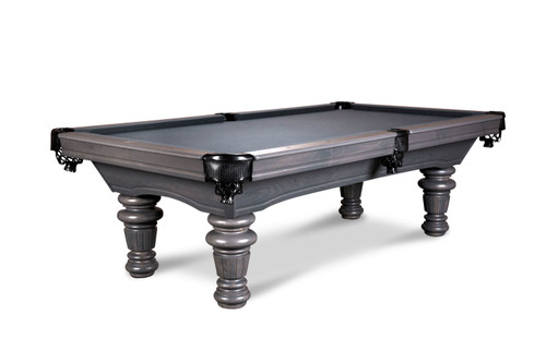 Doc & Holliday Classic Slate Pool Table in 8ft Gray Washed Pine, showcasing the hand-turned fluted legs and premium slate surface for a high-end, luxurious game room look.