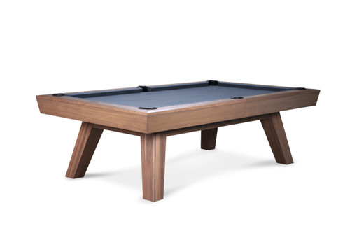 A 3/4 view of the George Slate Pool Table against a clean white background. The Grey Walnut finish and mid-century modern design are elegantly displayed, emphasizing the premium craftsmanship and sleek lines of the table.
