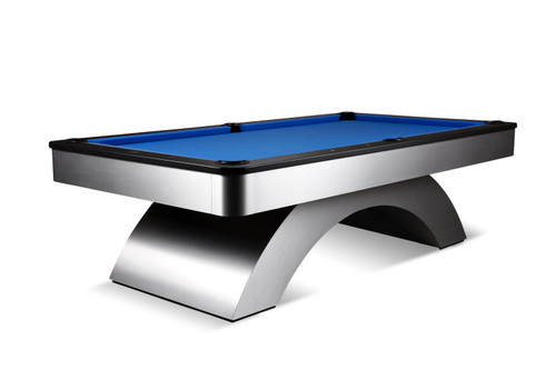 A dynamic 3/4 angled view of the Doc & Holliday Poshy Pool Table – Rainbow Edition, showcasing its vibrant rainbow finish, silver brushed white metallic base, and sleek upper black rails against a refined, modern backdrop.

