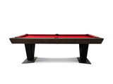 Side view of the Savant Pool Table by Doc & Holliday with optional 3-piece dining top installed. Finished in rich Brown Sugar over maple wood with sharp tapered edges and modern V-legs. The dining top adds versatility and dual-purpose functionality to this exclusive Sawyer Twain design.