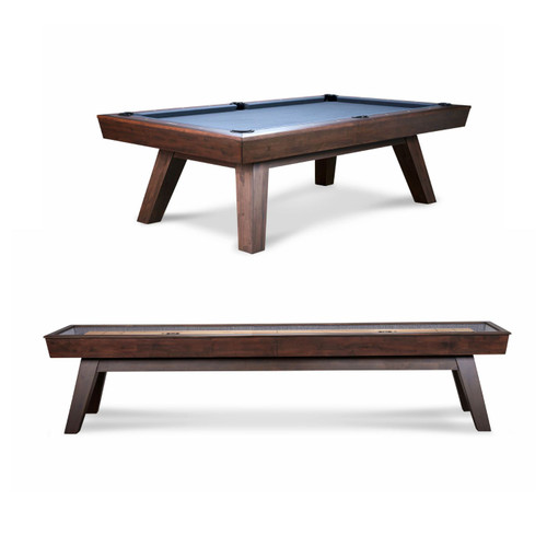 White background showcasing the George Pool Table and 12' Shuffleboard Table in Antique Coffee Finish by Doc & Holliday. The elegant setup highlights the refined craftsmanship and luxurious design of both the pool table and shuffleboard, offering a glimpse into the ultimate game room experience. Perfect for any home seeking to elevate its entertainment space with timeless, premium pieces.