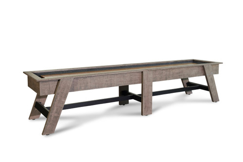 Full view of the Hunter Shuffleboard Table by Nixon Billiards, captured on a pristine white background. This image showcases the table's sleek antique finish and solid wood construction, emphasizing its elegant maple playfield and contemporary tapered legs. Perfect for highlighting the craftsmanship and design quality that Nixon Billiards is known for.