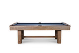 A rustic slate pool table with a distressed Silver Brown Oak finish and subtle silver accents, featuring leather drop pockets and hammered metal sights.