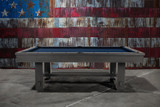 Doc & Holliday Hank Pool Table in Marble Grey – front angle featuring slate playfield, blue felt, and modern rustic oak construction