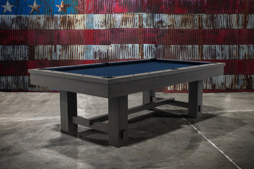 Hank Slate Pool Table by Doc & Holliday – three-quarter angle in Marble Grey finish highlighting wood grain, finger-jointed corners, and cross-beam support