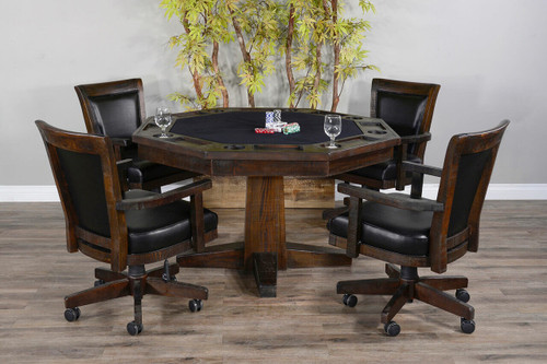 Henry 5-piece poker and dining table set in dark mahogany finish with four matching chairs, shown in a styled home game room setting
