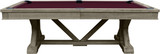 Straight side profile of the Brazos River pool table in Weathered Gray, showing its clean rail lines and structural base in full.