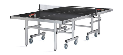 ¾ angled front view of the Brunswick Smash 7.0 Indoor/Outdoor Table Tennis Table, showing its black play surface and silver powder-coated steel frame on a white background.