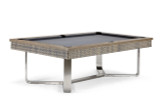 A front-facing view of the Bali Slate Pool Table highlights its clean lines and elegant materials, including brushed stainless-steel legs and a sturdy slate top. The white background draws attention to the refined details, such as the precision-crafted teak rails and contemporary wicker accents.