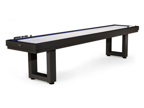 This angled profile view highlights the sculpted frame and industrial-modern leg design of the Lanai Shuffleboard—proof that game tables can be both functional and furniture-worthy.