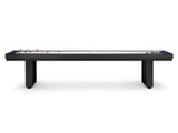 A sleek side profile reveals the Lanai Shuffleboard’s long, uninterrupted frame—crafted in Obsidian Black for a commanding presence that feels at home outdoors or in a modern indoor game room.