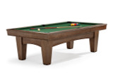 Side view of the Brunswick Winfield Slate Pool Table in Nutmeg, showcasing its solid hardwood frame, refined drop pockets, and hand-hammered metal rail sights.