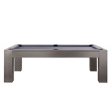 Side view of the Plank & Hide Maximus Steel Pool Table, showcasing the minimalist one-piece rectangular steel legs and gun metal steel finish. The clean lines and 1-inch K-pattern framed slate highlight its modern industrial design, perfect for luxury game rooms and commercial spaces. Exclusively available at Sawyer Twain.