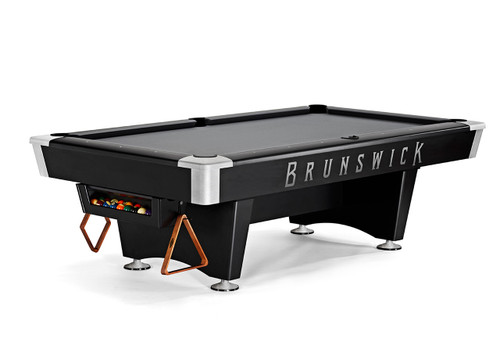 Brunswick Black Wolf Pro Slate Pool Table showcasing a modern matte black finish and sturdy pedestal legs, perfect for upscale game rooms or commercial spaces.