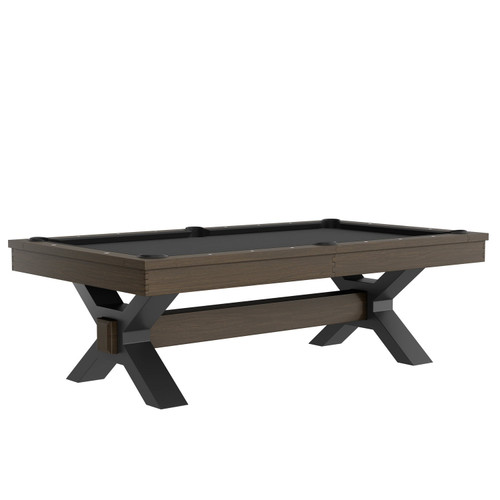 Nichols contemporary industrial slate pool table by Plank & Hide with bold steel X-shaped legs and driftwood finish rails, shown in clean 3/4 hero angle on white background.