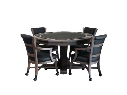 Nixon Billiards Kai 3-in-1 Game Table Set in Grayson Grey finish with poker top layout revealed, four matching chairs positioned around the table, shown on white background.