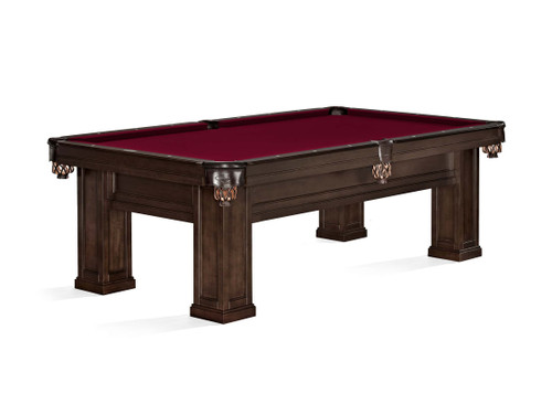 Brunswick Oakland Pool Table in Espresso finish with burgundy felt – classic American hardwood construction, leather drop pockets, and pedestal-style legs | Sawyer Twain.