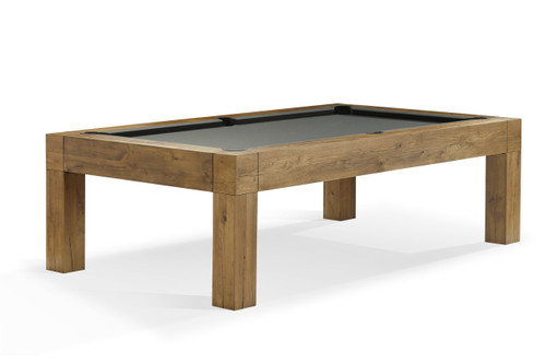 Brunswick Parsons Pool Table with a hand-weathered oak finish, showcasing sleek lines and a premium Brazilian slate playing surface. The hammered metal sights and sturdy legs complete its modern and timeless design, perfect for upscale game rooms.