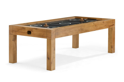 Parsons air hockey table by Brunswick in a natural wood finish on a clean white background. Features a smooth black playfield with white graphics and solid Parsons-style wood legs for a modern, minimalist look.