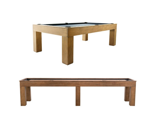 Paula Parsons Pool Table and Shuffleboard Combo in Glazed Maple finish by Doc & Holliday, Sawyer Twain exclusive. Includes pool table, shuffleboard table, and matching accessories on white background.
