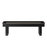 This side profile of the 9FT Deco Shuffleboard Table by Plank & Hide showcases its sleek, elongated form with a rich black finish and distinctive brass diamond inlays. Captured against a clean white backdrop, the photo emphasizes the table’s sculptural hardwood silhouette and flawless craftsmanship — a minimalist yet luxurious statement designed to elevate any game room. The clean contrast makes it ideal for design planning and space visualization.