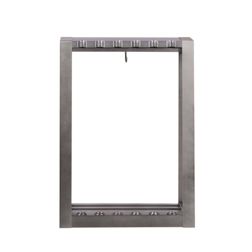 Plank & Hide Gunmetal Steel Floor Cue Rack shown from the front with pool cues placed in all 8 rubber-lined holders. Modern and functional floor-standing design.