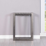 Plank & Hide Gunmetal Steel Floor Cue Rack shown from the front with pool cues placed in all 8 rubber-lined holders. Modern and functional floor-standing design.