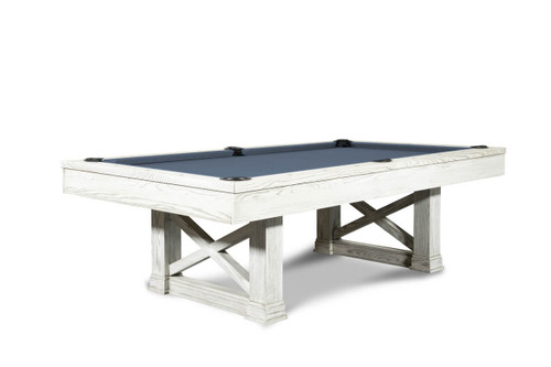 Full view of the Nora Slate Pool Table by Nixon Billiards, featuring a rustic farmhouse style with sturdy wooden legs and a timeless design. The rich wood finish and clean lines offer a perfect blend of modern craftsmanship and traditional charm, making it a standout piece for any game room.
