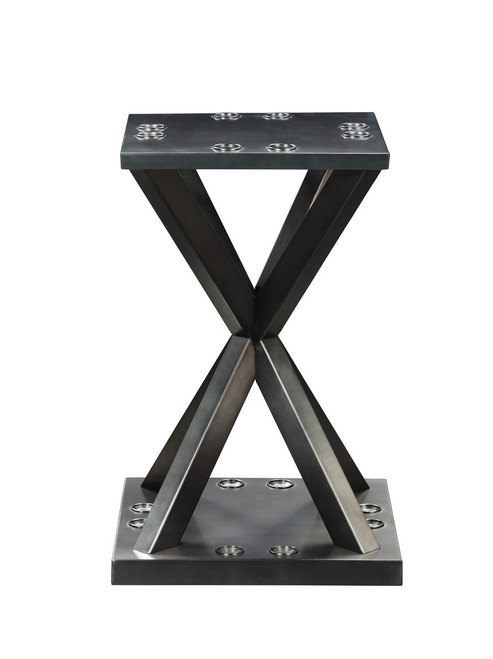 The Plank & Hide Felix Steel Floor Cue Rack displayed on a clean white background, showcasing its industrial all-steel frame in gunmetal grey finish with built-in cue, triangle, and ball storage—designed to pair with the Felix Slate Pool Table for a matching modern game room setup.