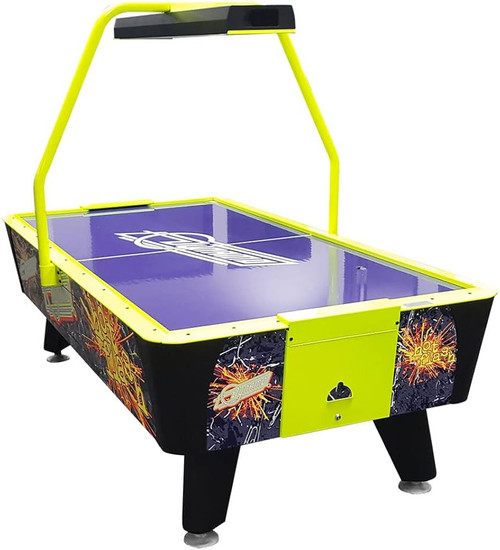 Dynamo Hot Flash Two Air Hockey Table displayed in full view with dynamic LED lighting and a UV-reactive playfield in a modern game room.