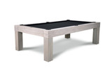Front-angle ¾ hero view of the Alta Slate Pool Table by American Heritage Billiards, showcased in Sawyer Twain’s exclusive White Wash on Ash finish. This clean white-background image captures the table’s modern Parsons-style frame, solid ash wood construction, and breezy, coastal-inspired design—ideal for upscale interiors and designer-curated game rooms.