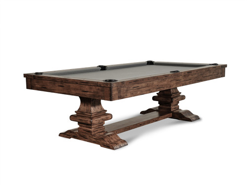 The Beaumont’s rich Distressed Brown finish and trestle base are fully showcased in this clean, front-facing ¾ angle. This shot highlights the table’s architectural presence and classic-meets-modern appeal.