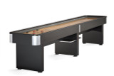 Elevate your game room with the Brunswick Delray II Shuffleboard Table. Available in 9' and 12' sizes, featuring a matte black finish, silver metallic corners, and a polymer-coated maple playfield. Includes accessories and under-cabinet storage.