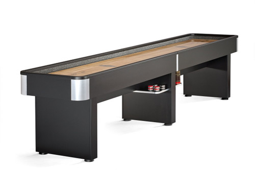 Brunswick Delray II Shuffleboard Table in matte black finish, shown at a 3/4 angle on a white background. This view highlights the table’s sleek, modern design, featuring silver metallic corner accents and smooth, polished playfield.
